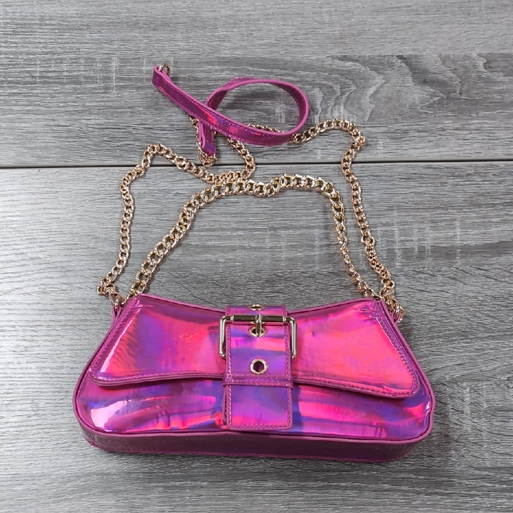 Shimmering Pink Crossbody Bag with Gold Chain